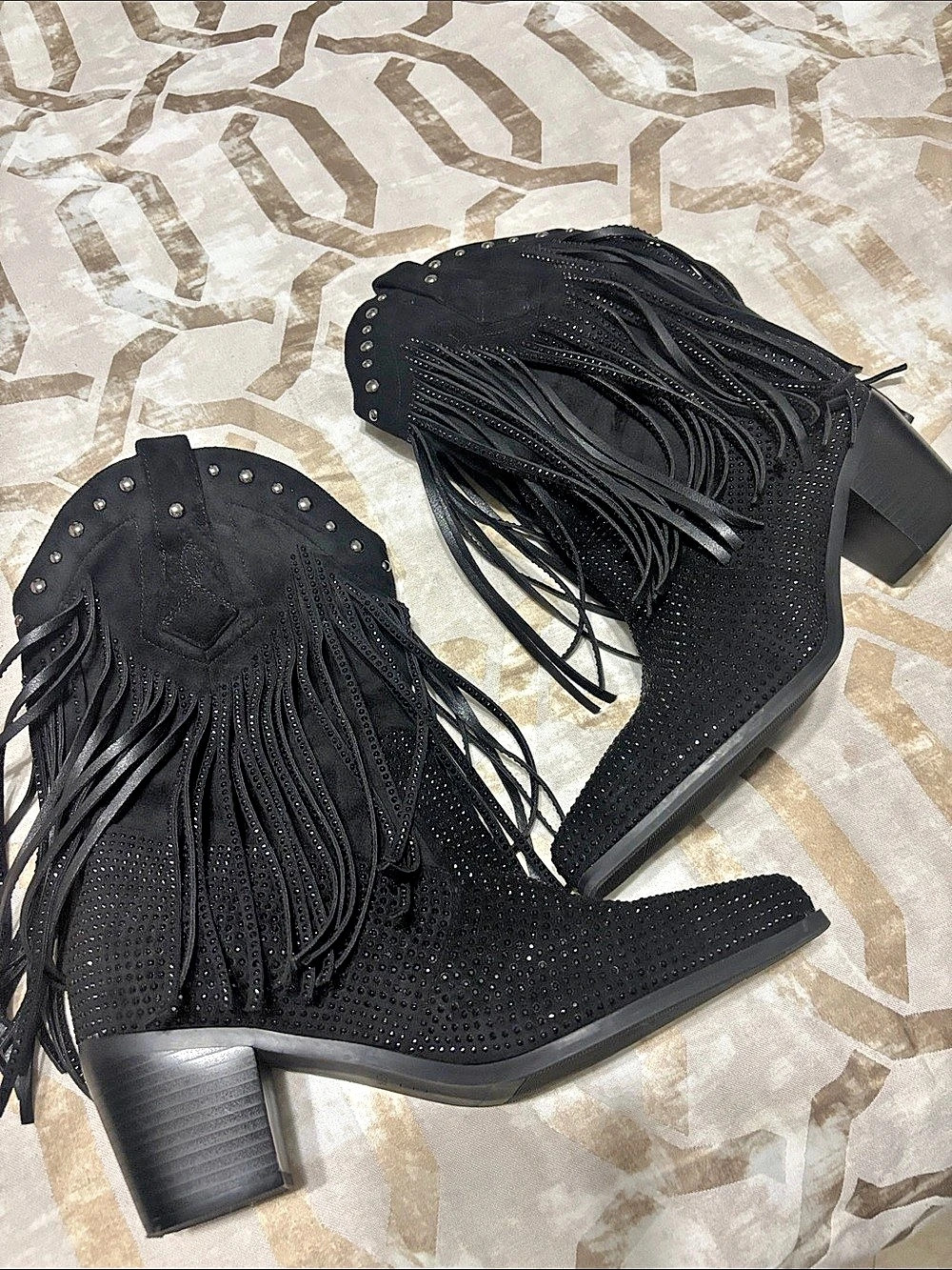 Black Fringe Studded Ankle Boots